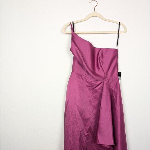 NWT Alfred Sung Tea Rose One Shoulder Satin Twill Draped Slit Formal Gown Size 6 - Picture 3 of 10